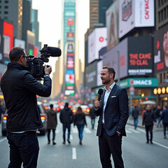 A journalist reporting live from a busy city street, holding a microphone with a news logo, while a cameraman films the segment.