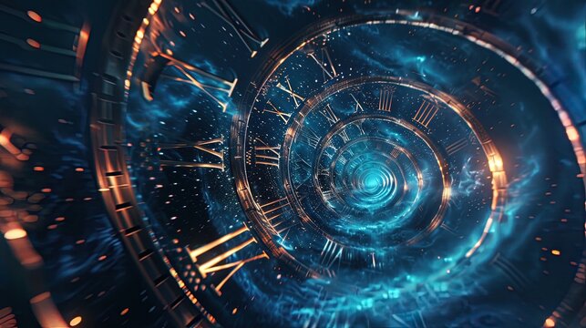 A swirling cosmic clock spirals through time and space