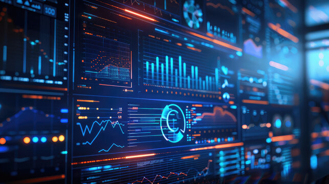 High tech data visualization with graphs and charts glowing in blue