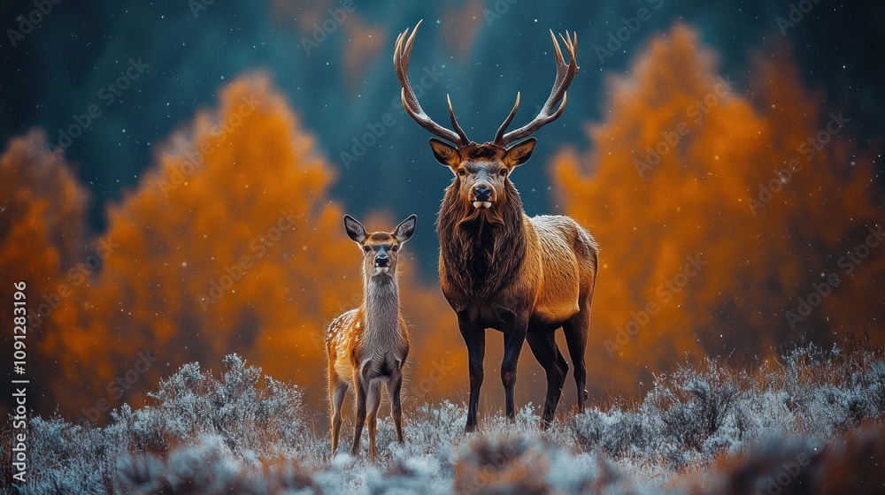 Canvas Prints A majestic elk and fawn stand together in a snowy forest.