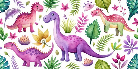 Naklejka premium Watercolor Illustration of Cute Dinosaurs in Tropical Jungle, dinosaur ,jungle