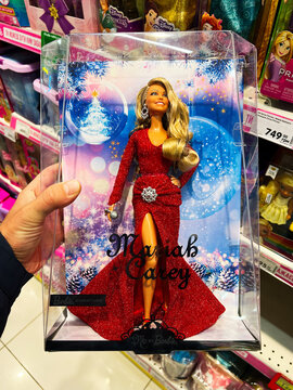 Kyiv, Ukraine - November 20, 2024: Mariah Carey Barbie doll in holiday-themed packaging on store shelf
