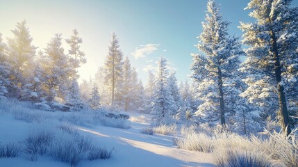 Obraz premium Frosted pine forest illuminated by bright winter sunlight under a clear blue sky, highlighting the beauty of frozen firs and serene nature.