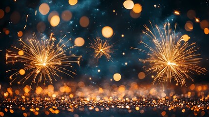 Fototapeta premium Exploding golden fireworks creating a luminous trail glowing bokeh lights scattered on a black background