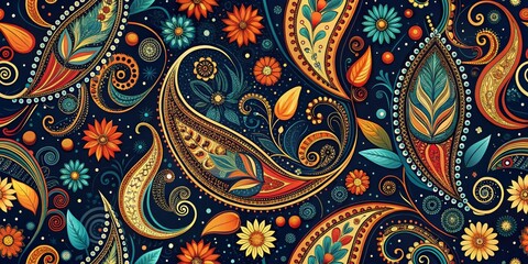 Vibrant Floral Paisley Pattern with Swirls and Flowers on Black Background, paisley, floral pattern