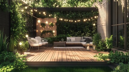 Obraz premium A small, modern wooden deck in a beautiful garden with a house in the background. The garden has a green wall fence, white outdoor furniture, and string lights.