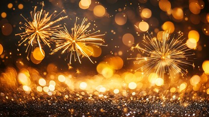 Glittering golden fireworks streaks bursting radiantly glowing bokeh dots complementing the darkness