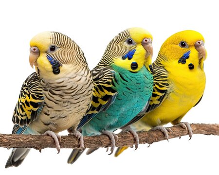 Three vibrant budgies perch on a branch, their colorful feathers gleaming against a stark white background. A lively scene showcasing the beauty of these small birds.