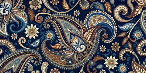 Seamless Paisley Pattern with Floral Motifs on Navy Blue Background, paisley, pattern