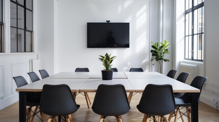Modern conference room with large table and plants