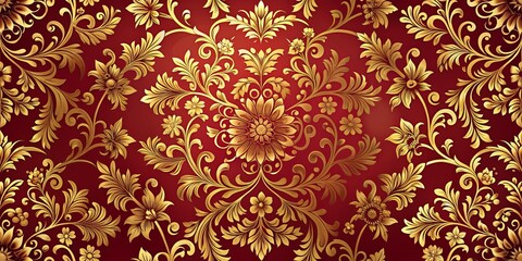 Ornate Golden Floral Pattern on Red Background, seamless, wallpaper, luxury, art deco, vintage, elegant