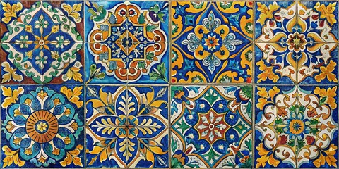 Intricate Floral Tile Mosaic, Blue, Yellow, Pattern ,tiles, mosaic