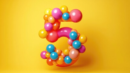 Colorful balloons shaped into the number 5 on a vibrant yellow background, ideal for birthday or anniversary celebrations.