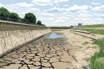 Fototapeta premium Dry Canal with Cracks in Minimalist Vector Art Style