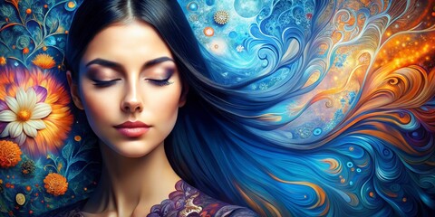 Dreamy Portrait with Blue and Orange Swirls, Woman, Abstract Art , digital art, abstract portrait