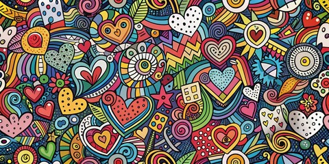 Naklejka premium Colorful Doodle Heart Pattern Seamless, abstract , doodle , pattern , texture , background , art