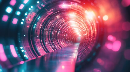 Obraz premium Futuristic 3D rendering of an illuminated corridor within a space station or spaceship, showcasing vibrant neon colors, sleek surfaces, and an immersive sci-fi atmosphere, space design, digital art.