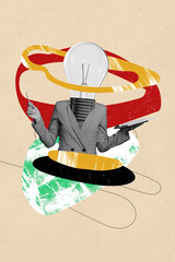 Vertical photo collage of anonym businesswoman instead head light bulb hold notepad pencil strategy...