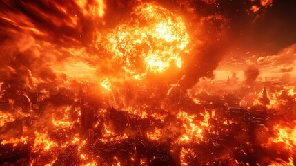 Obraz premium Burning urban landscape engulfed in flames and smoke after a catastrophic explosion, showcasing chaos and destruction in an apocalyptic scene.
