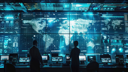 High tech control room with global data visualization and monitors