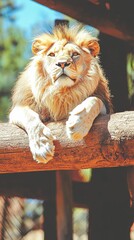 Fototapeta premium A majestic lion resting on a wooden beam in a natural setting.