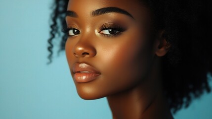 Fototapeta premium Serene Woman Posing with a Glowing Expression Against a Soft Blue Background, Capturing Natural Beauty and Radiance for Portrait Photography Needs