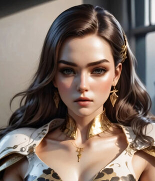 Portrait of a woman in a tight dress that shows off her beautiful breasts. AI-Generated