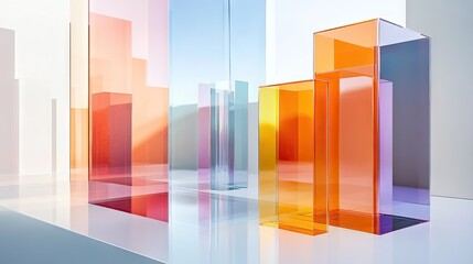 Multicolored transparent glass structures casting reflections on a smooth white surface.