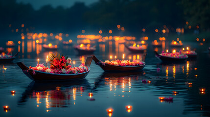 Obraz premium A Captivating Colorful Assortment of Thai Longtail Boats Illuminated by Floating Candles During the Vibrant Loy Krathong Festival