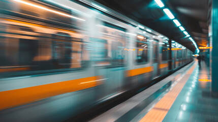 Fototapeta premium The city's metro train moving through an empty station, set against a blurred background.