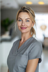 Fototapeta premium A beautiful, confident woman in her mid40s with blonde hair tied back standing inside of an elegant home office space, smiling at the camera.