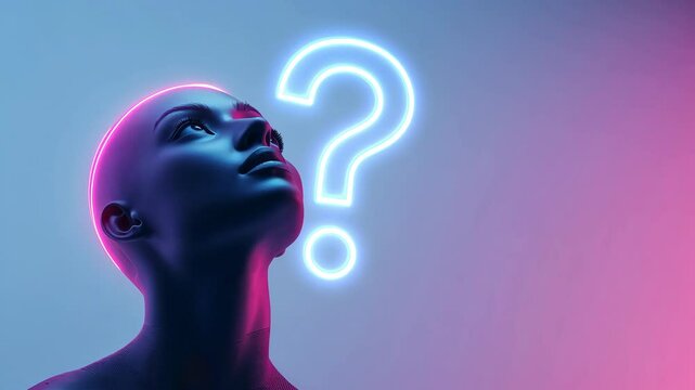 A woman with a head that is glowing pink and purple. She is looking up and has a question mark on her forehead. The image has a futuristic and mysterious vibe