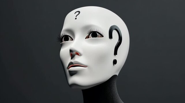 A woman's face is shown with a black and white mask on it, with a question mark on her forehead. The image has a mysterious and thought-provoking mood, as the woman's face is obscured by the mask