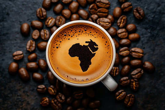A freshly brewed coffee cup with a map design, surrounded by coffee beans on a dark surface, symbolizing global coffee culture. Shape of an Africa continent, latte art.