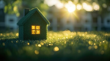 A miniature green house model on vibrant grass, glowing from within, set against a softly blurred background of residential buildings illuminated by warm sunlight and shimmering lawn highlights.