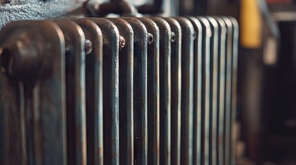 Radiator components aligned in a workshop, highlighting their fins and tubing in detail.
