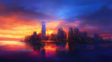 Fototapeta premium A serene city skyline at sunrise or sunset showcasing a vibrant palette of blue, purple, amber, red, and gold hues reflecting on calm waters, creating a dreamlike atmosphere.