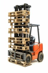 Orange forklift lifting stacked wooden pallets.
