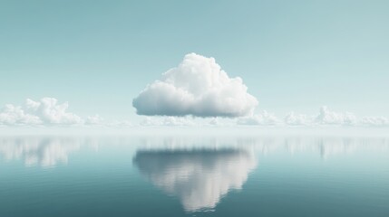 Fototapeta premium 3D render of a serene minimalist landscape showcasing a single white cloud reflecting over tranquil waters in a panoramic view
