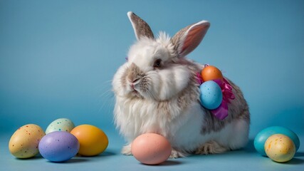 Cute bunny and colorful Easter eggs on a plain background. Egg hunt, Easter