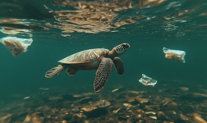 Sea Turtle Swimming Among Ocean Pollution Debris