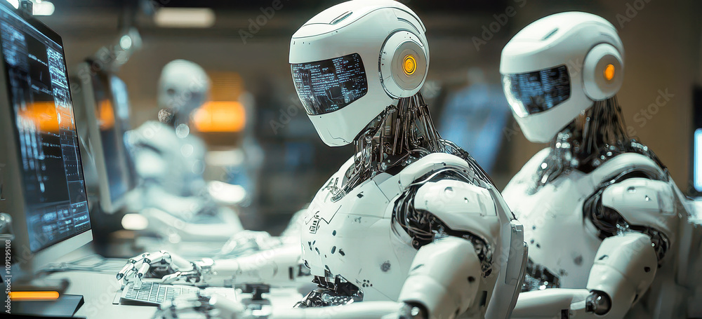 Poster ai-powered robots conducting high-tech operations in futuristic environment