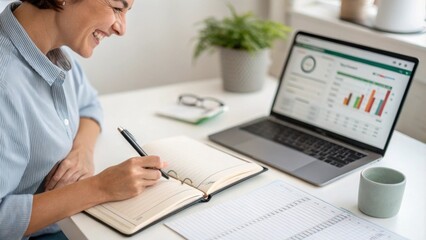 Fototapeta premium A person with a notepad open pen in hand and a laptop showing a budget tracker looking pleased with their organized finances.