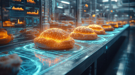 modern bakery featuring interactive digital baking tools, showcasing glowing bread on high tech production line. atmosphere is innovative and futuristic, blending technology with traditional baking