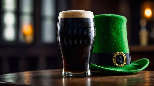 Dark Irish beer, ale. Glass with dark ale on a green background. St. Patrick's Day