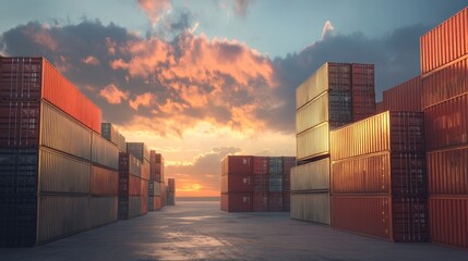 Fototapeta premium Shipping Containers at Sunset in Industrial Landscape