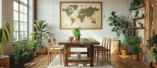 Fototapeta premium Rustic Dining Room with World Map and Plants