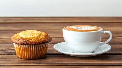 Coffee and bakery  coffee beans  cozy conceptual. A delicious muffin beside a steaming cup of latte on a wooden table, perfect for a cozy coffee break.