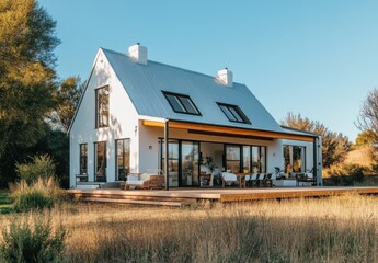 Obraz premium Modern Minimalist House Surrounded by Nature with Wooden Deck and Greenery in a Picturesque Landscape Under Clear Blue Sky