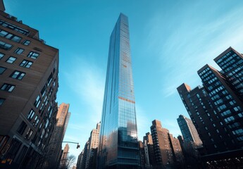 Fototapeta premium Modern Skyscraper Surrounded by City Buildings Under a Clear Blue Sky, Capturing Urban Architecture and Design in a Dynamic Cityscape